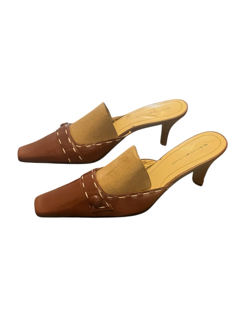 Bandolino Cognac Square Toed Kitten Heel Mules
